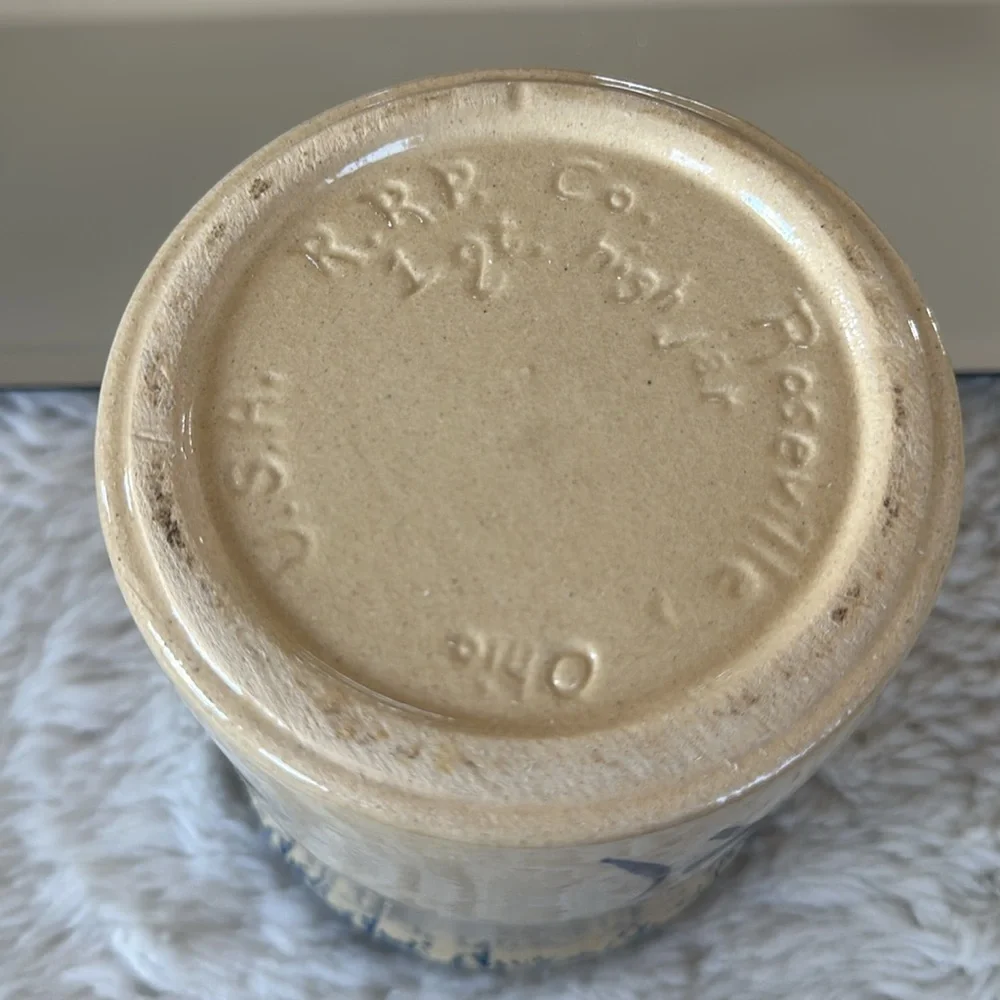 Vintage Roseville OH 1 Quart Crock Salt Glazed Robinson Ransbottom Blue Wheat